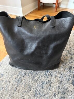 Madewell Black Leather Tote with Gold Monogram